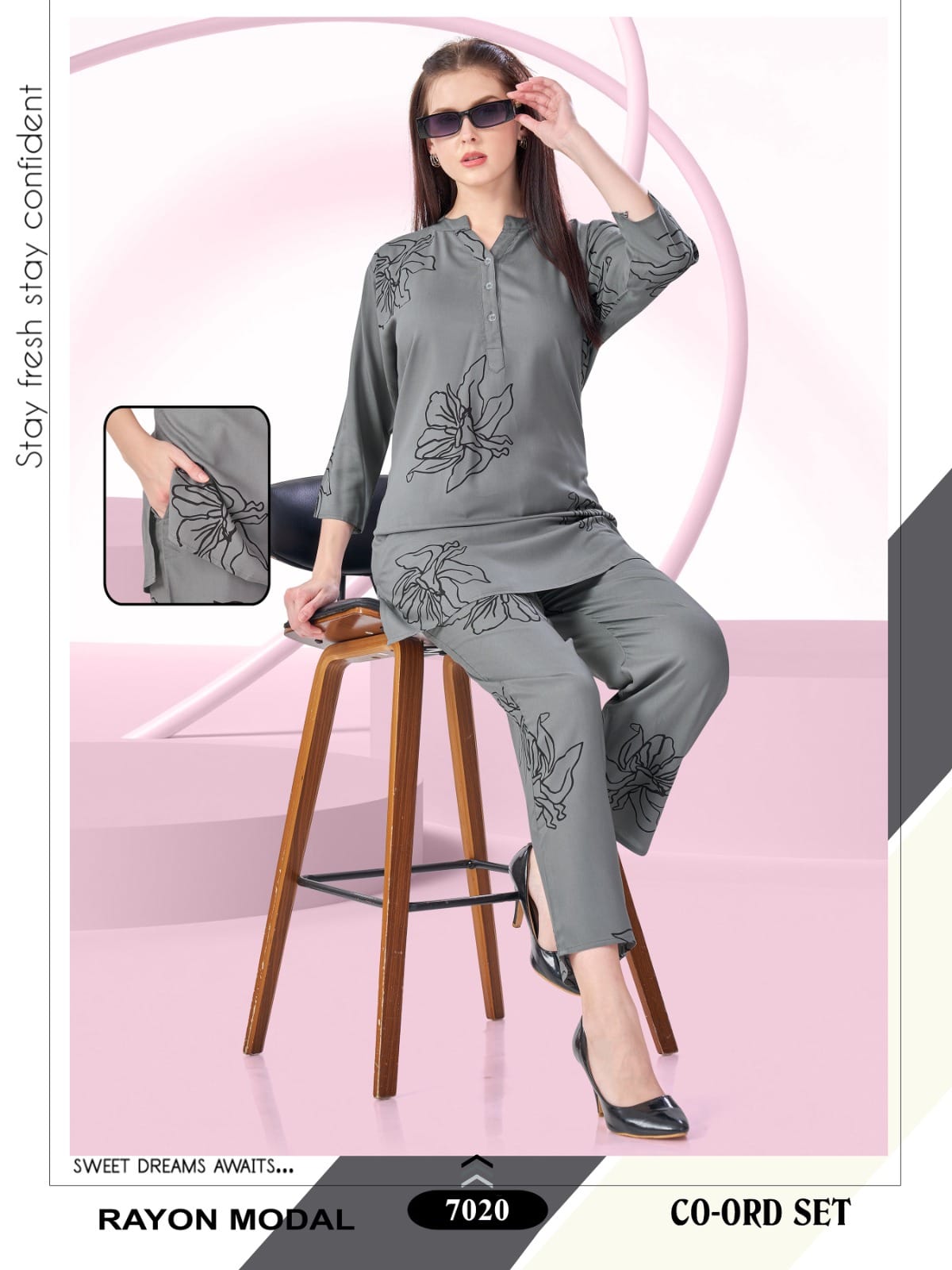 grey floral rayon co-ord set